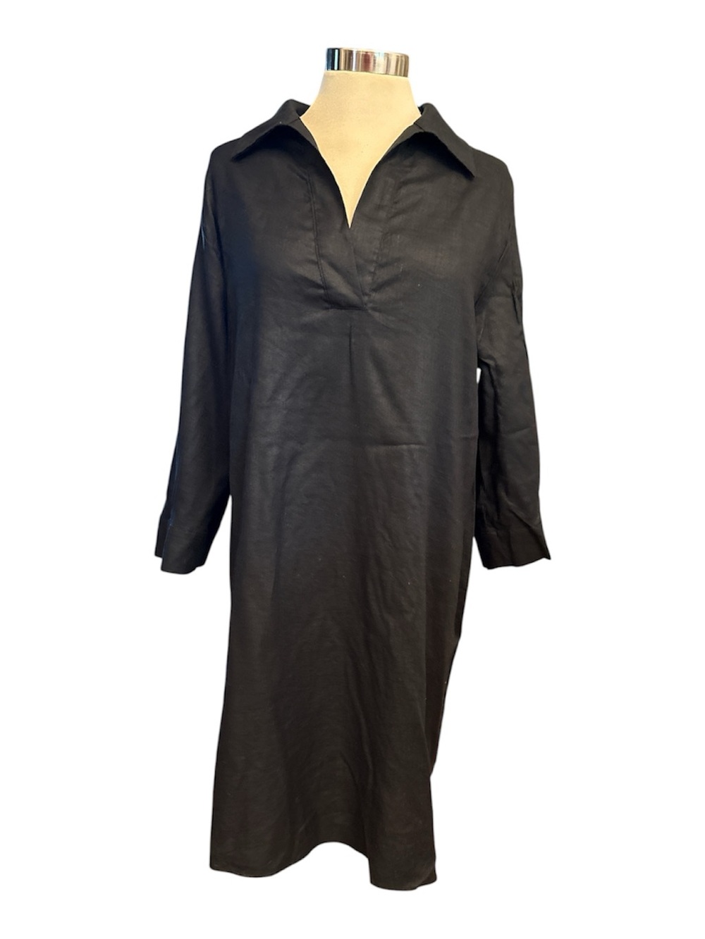 Jigsaw Black 3/4 length Sleeve V-Neck Shift Dress below knee 100% linen Size 8